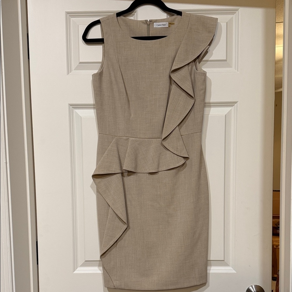 Calvin Klein Taupe Ruffle Midi Dress